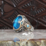 925 Sterling Silver Aquamarine Stone Men's Ring // Style 2 // Silver + Blue (10.5)