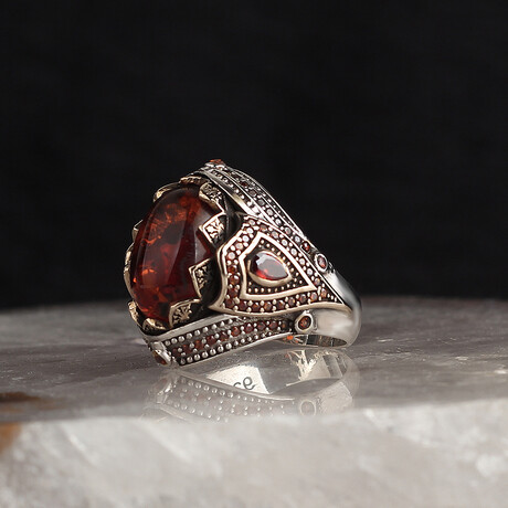 925 Sterling Silver Amber Stone Men's Ring // Silver + Red (6.5)