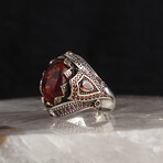 925 Sterling Silver Amber Stone Men's Ring // Silver + Red (7.5)