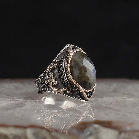 925 Sterling Silver Natural Labradorite Stone Men's Ring // Silver + Gray (6.5)