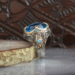 925 Sterling Silver Aquamarine Stone Men's Ring // Style 2 // Silver + Blue (7.5)