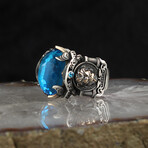 925 Sterling Silver Aquamarine Stone with Lion Detail Men's Ring // Style 2 // Silver + Blue (9.5)