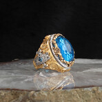 925 Sterling Silver Aquamarine Stone Gold Plated Men's Ring // Silver + Blue (7.5)