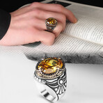 925 Sterling Silver Citrine Stone Men's Ring // Style 3 // Silver + Yellow (7.5)