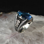 925 Sterling Silver Aquamarine Stone Claw Shape Men's Ring // Silver + Blue (9.5)
