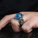 925 Sterling Silver Aquamarine Stone with Lion Detail Men's Ring // Style 1 // Silver + Blue (7.5)