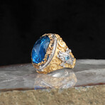 925 Sterling Silver Aquamarine Stone Gold Plated Men's Ring // Silver + Blue (10)