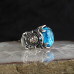 925 Sterling Silver Aquamarine Stone with Lion Detail Men's Ring // Style 2 // Silver + Blue (10.5)