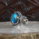 925 Sterling Silver Aquamarine Stone with Lion Detail Men's Ring // Style 1 // Silver + Blue (7.5)