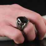 925 Sterling Silver Black Zircon Stone Claw Shape Men's Ring // Silver + Black (8)