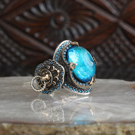 925 Sterling Silver Aquamarine Stone with Lion Detail Men's Ring // Style 1 // Silver + Blue (6.5)