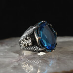 925 Sterling Silver Aquamarine Stone Claw Shape Men's Ring // Silver + Blue (7.5)