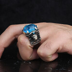 925 Sterling Silver Aquamarine Stone with Lion Detail Men's Ring // Style 2 // Silver + Blue (9.5)