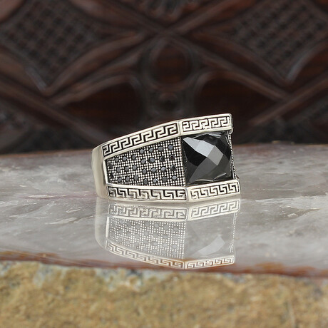 925 Sterling Silver Black Zircon Stone Minimalist Men's Ring // Style 1 // Silver + Black (6.5)