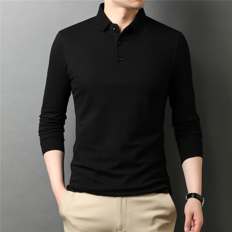 Solid Long Sleeve Polo Shirt // Black (M)