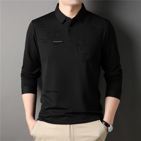 Geo Text Long Sleeve Polo Shirt // Black (M)