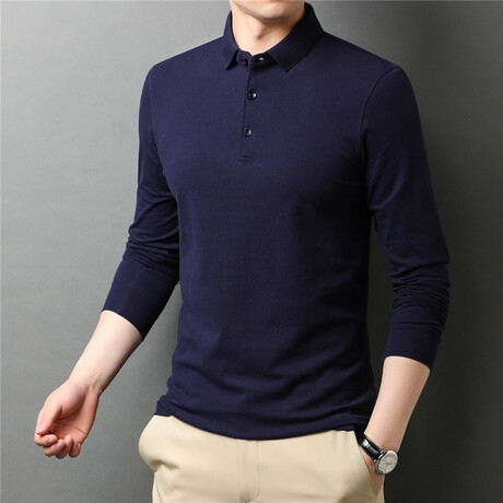 Solid Long Sleeve Polo Shirt // Blue (M)