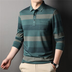 Neutral Stripes Long Sleeve Polo Shirt // Green (L)