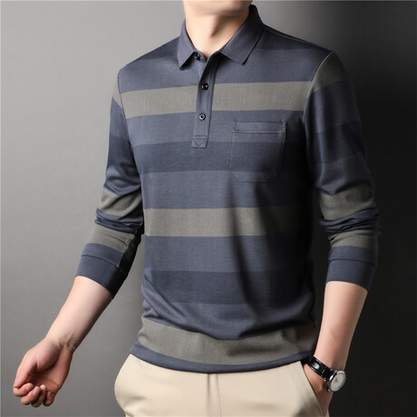 Neutral Stripes Long Sleeve Polo Shirt // Blue (L)