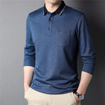 Contrast Tipped Collar Long Sleeve Polo Shirt // Blue (M)