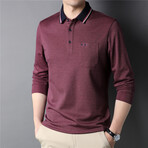 Contrast Tipped Collar Long Sleeve Polo Shirt // Burgundy (M)