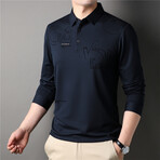 Geo Text Long Sleeve Polo Shirt // Navy  Blue (M)