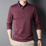 Contrast Tipped Collar Long Sleeve Polo Shirt // Burgundy (M)