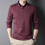 Contrast Tipped Collar Long Sleeve Polo Shirt // Burgundy (M)