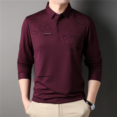 Geo Text Long Sleeve Polo Shirt // Burgundy (M)