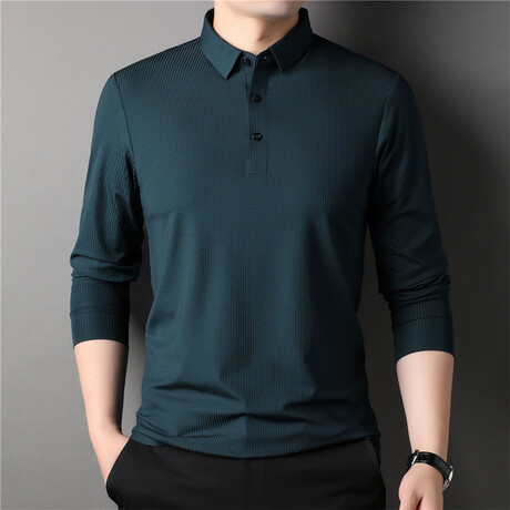 Thermal Texture Long Sleeve Polo Shirt // Green (M)