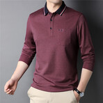 Contrast Tipped Collar Long Sleeve Polo Shirt // Burgundy (M)