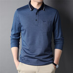 Contrast Tipped Collar Long Sleeve Polo Shirt // Blue (M)