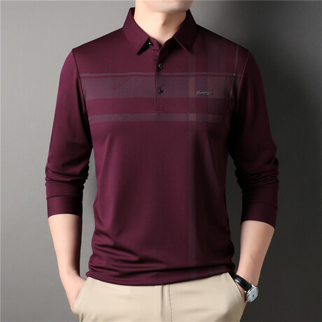 Hint O' Plaid Long Sleeve Polo Shirt // Burgundy (M)