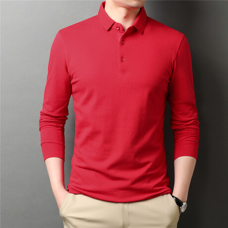 Solid Long Sleeve Polo Shirt // Red (M)