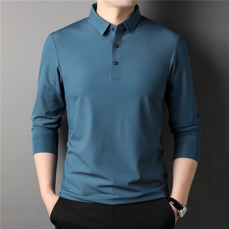 Thermal Texture Long Sleeve Polo Shirt // Blue (M)