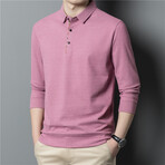 Plaid Placket Long Sleeve Polo Shirt // Pink (2XL)