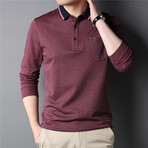 Contrast Tipped Collar Long Sleeve Polo Shirt // Burgundy (M)