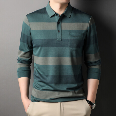 Neutral Stripes Long Sleeve Polo Shirt // Green (M)