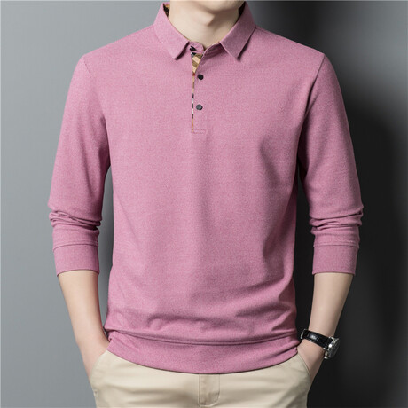 Plaid Placket Long Sleeve Polo Shirt // Pink (M)