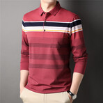 Shoulder Stripe Long Sleeve Polo Shirt // Red (3XL)