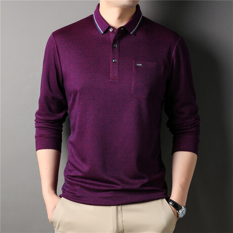 Melange Tipped Long Sleeve Polo Shirt // Purple (XL)