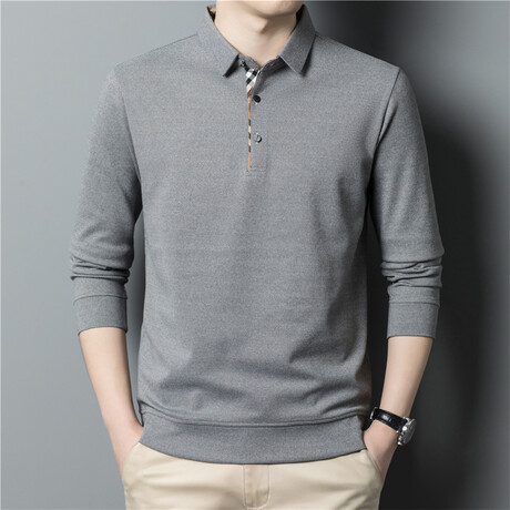 Plaid Placket Long Sleeve Polo Shirt // Gray (M)