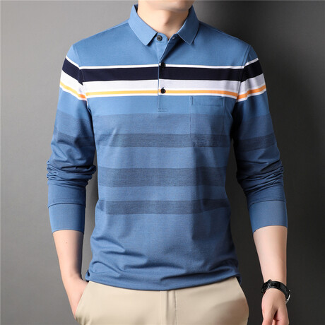 Shoulder Stripe Long Sleeve Polo Shirt // Blue (M) - Celino Long Sleeve ...