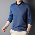 Contrast Tipped Collar Long Sleeve Polo Shirt // Blue (M)