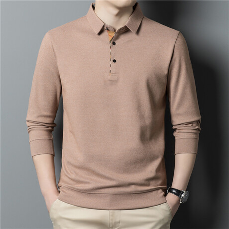 Plaid Placket Long Sleeve Polo Shirt // Brown (M)