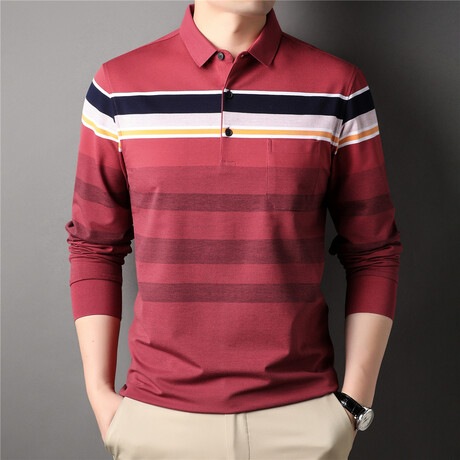 Shoulder Stripe Long Sleeve Polo Shirt // Red (M)