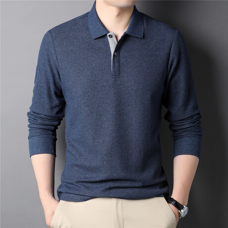 Thermal Texture Long Sleeve Polo Shirt // Blue (M)