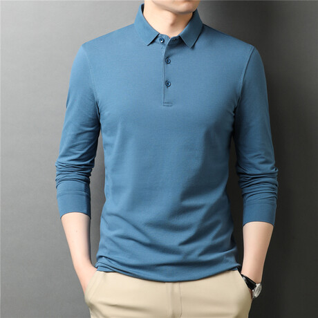 Solid Long Sleeve Polo Shirt // Blue (M)