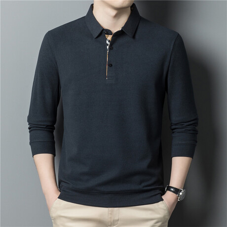 Plaid Placket Long Sleeve Polo Shirt // Black (M)