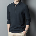 Plaid Placket Long Sleeve Polo Shirt // Black (L)